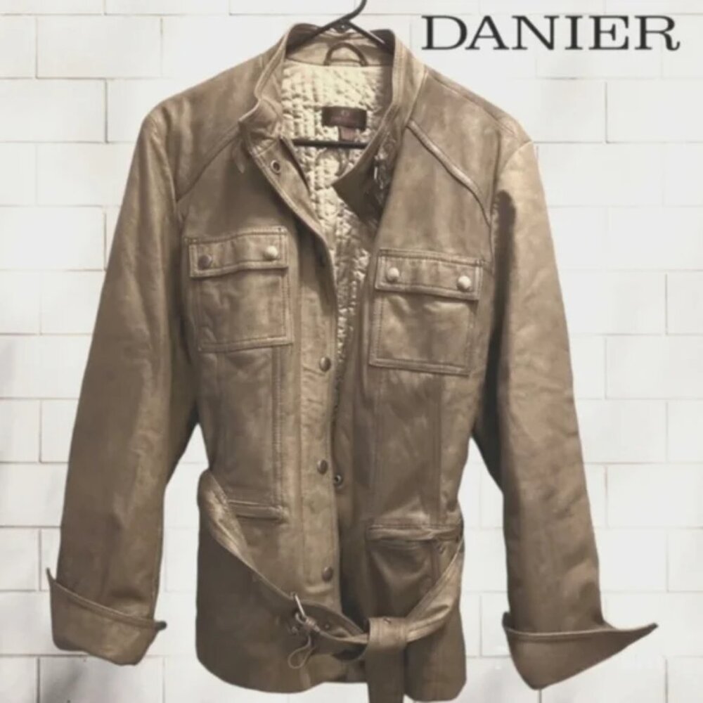 Danier Vintage Distressed Lambskin Aviator Jacket - Leathe r- Brown / Tan - M